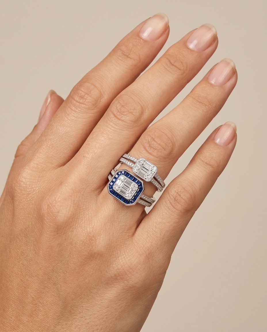 18KT White Gold Sapphire and Diamond Ring on model