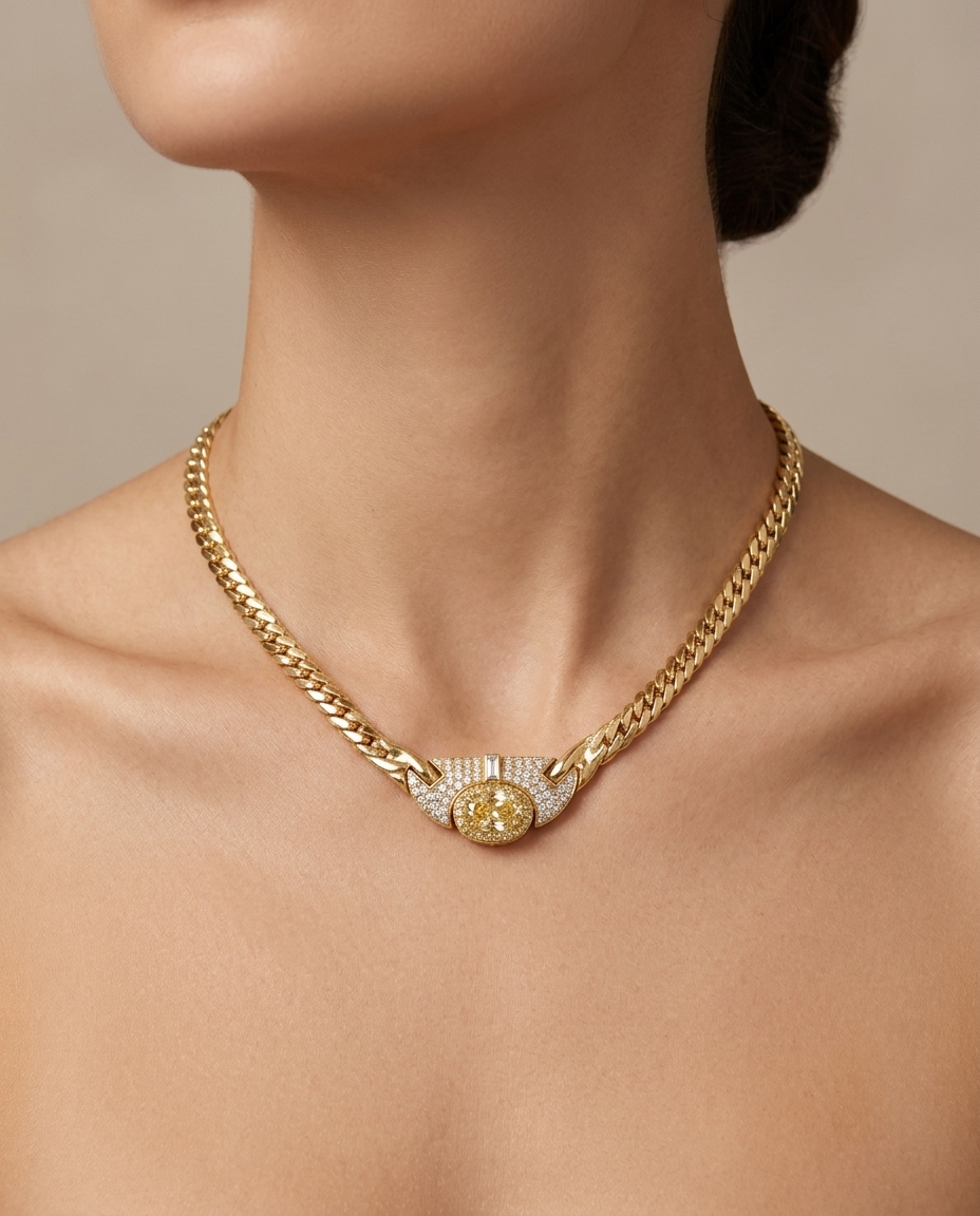 18KT Yellow Gold Diamond and Yellow Diamond Necklace on model