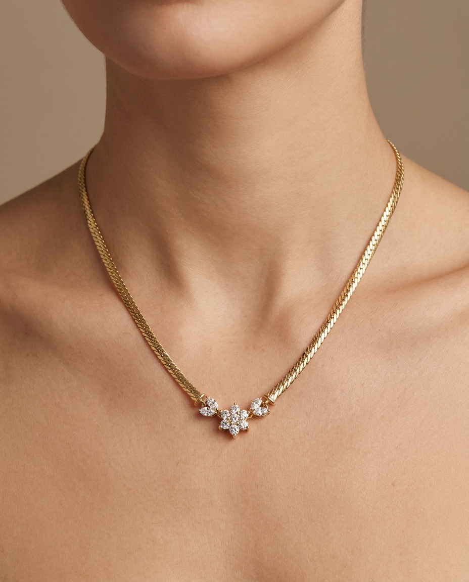 18KT Yellow Gold Diamond Flower Necklace on model