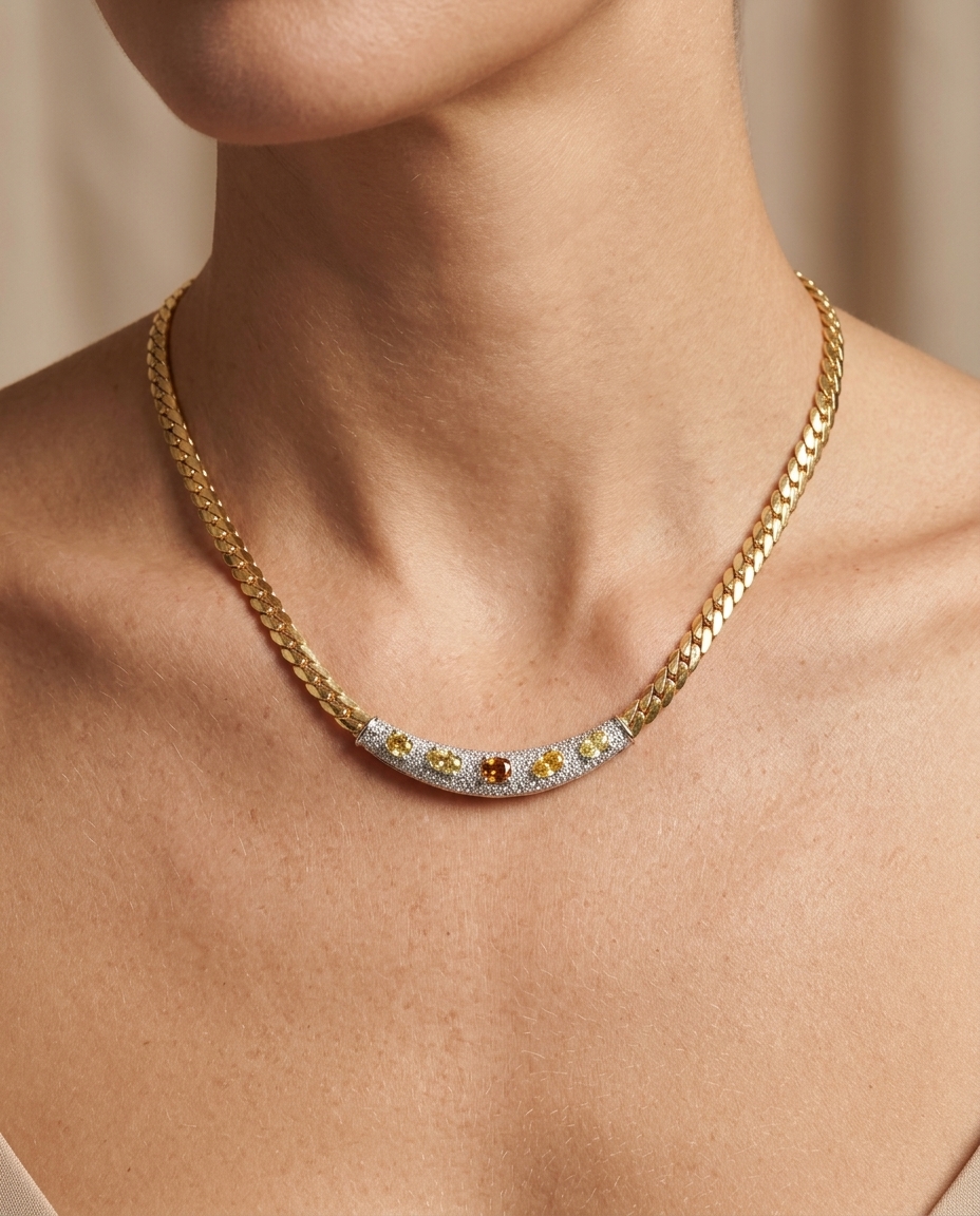18KT Gold Multi Sapphire and Diamond Necklace on model