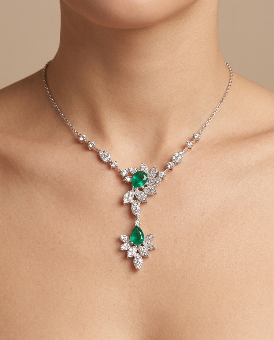 18KT White Gold Emerald and Diamond Necklace on model