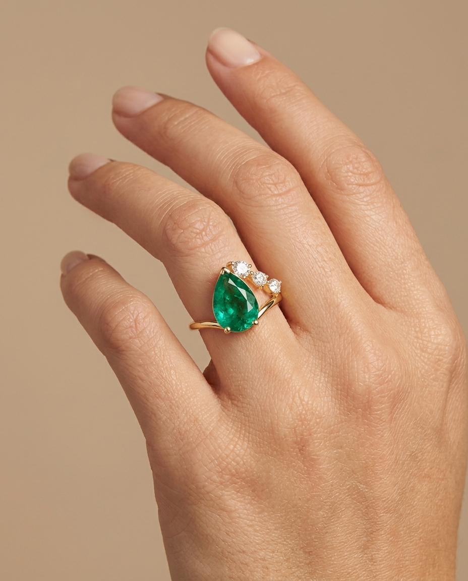 14KT Gold Emerald Ring with Diamonds on model