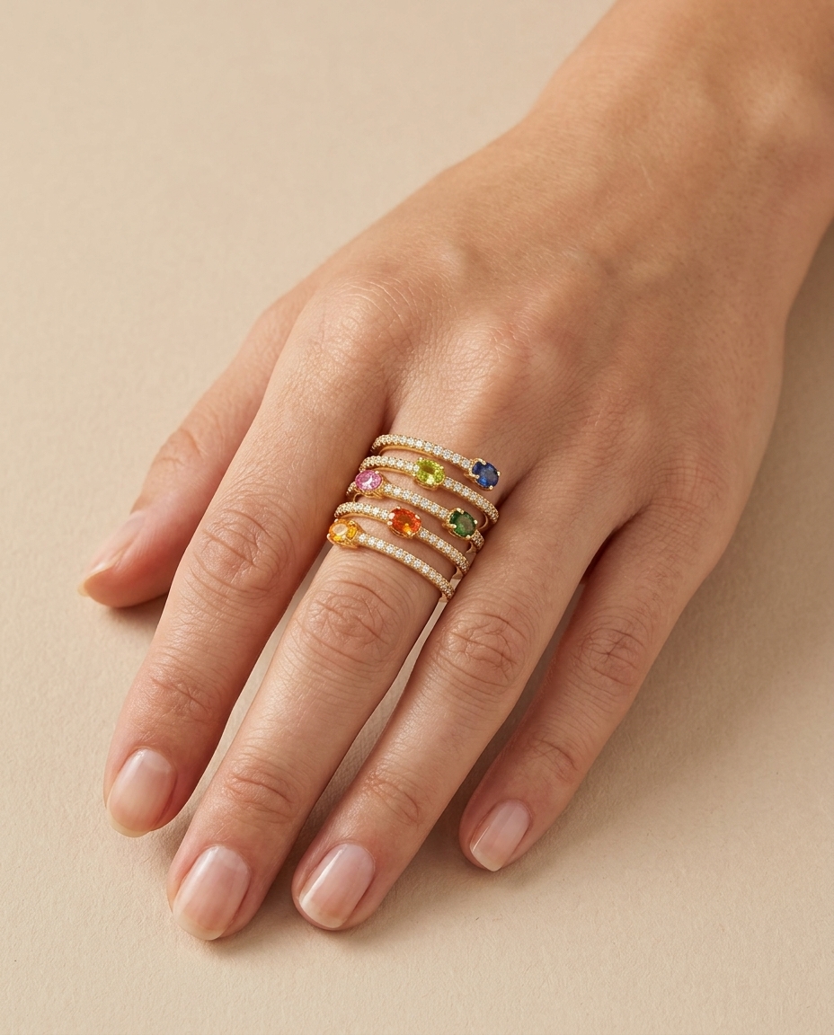 14KT Gold Multi Sapphire and Diamond Ring on model