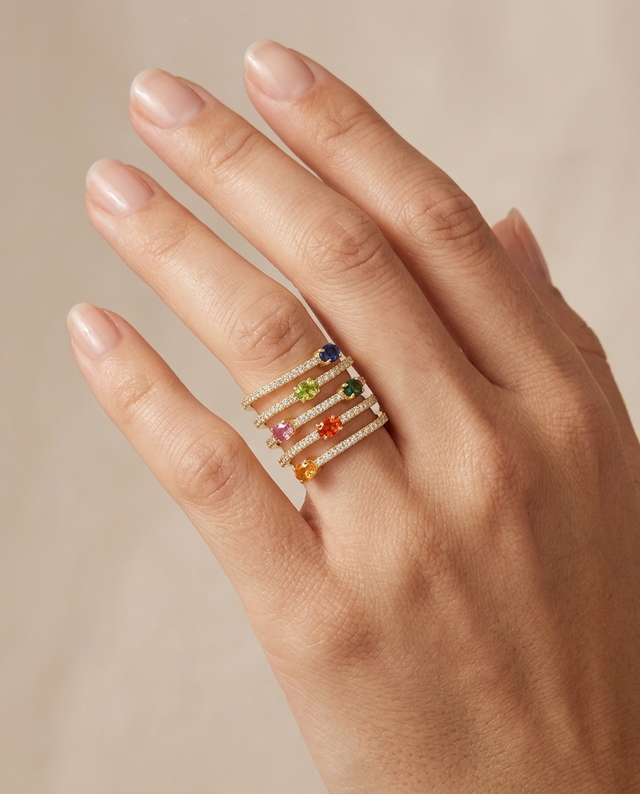 14KT Gold Multi Sapphire and Diamond Ring on model