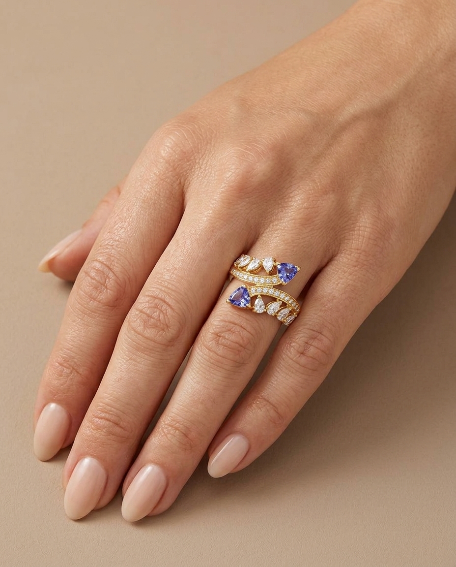 14KT Gold Tanzanite Ring with Diamonds on model