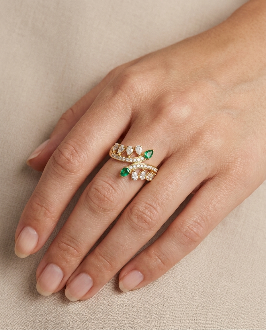 14KT Gold Emerald and Diamonds Ring on model