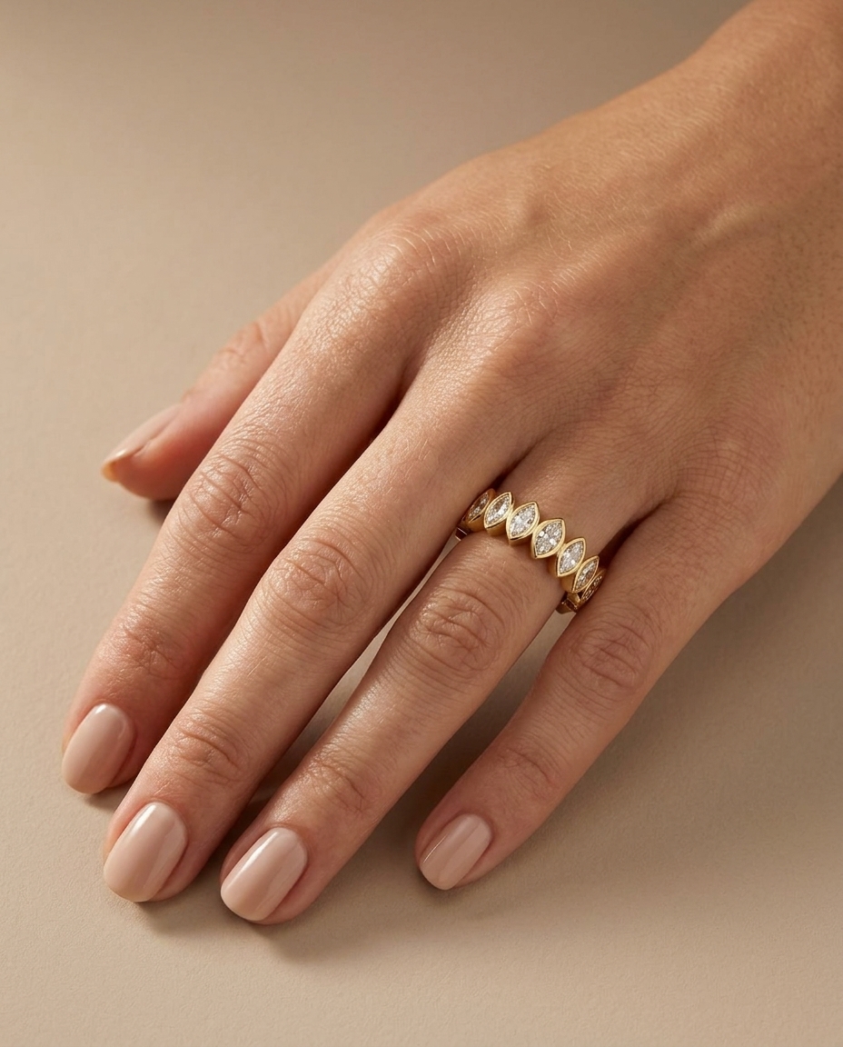 14KT Gold Diamond Marquise Bezeled Ring on model