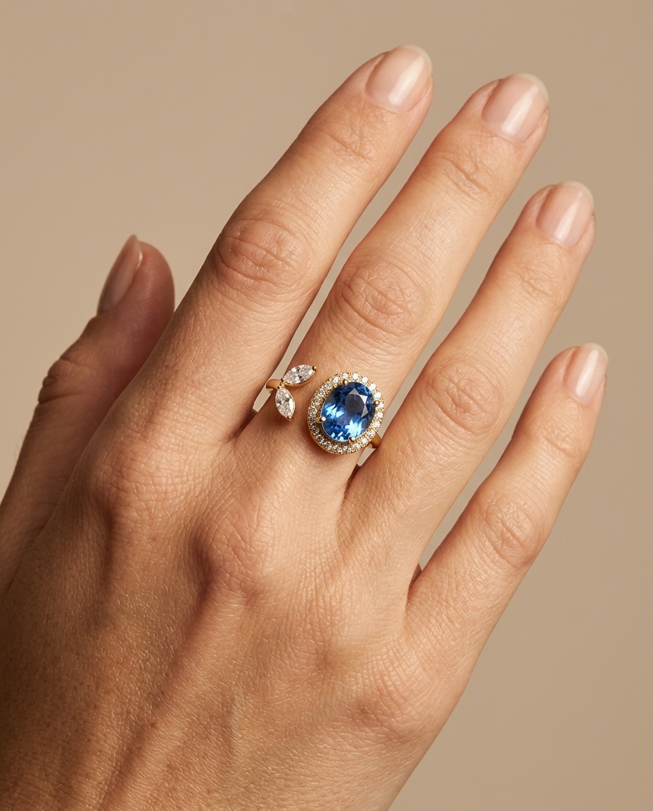 14KT Yellow Gold Diamonds and Oval Blue Sapphire Open Ring on model