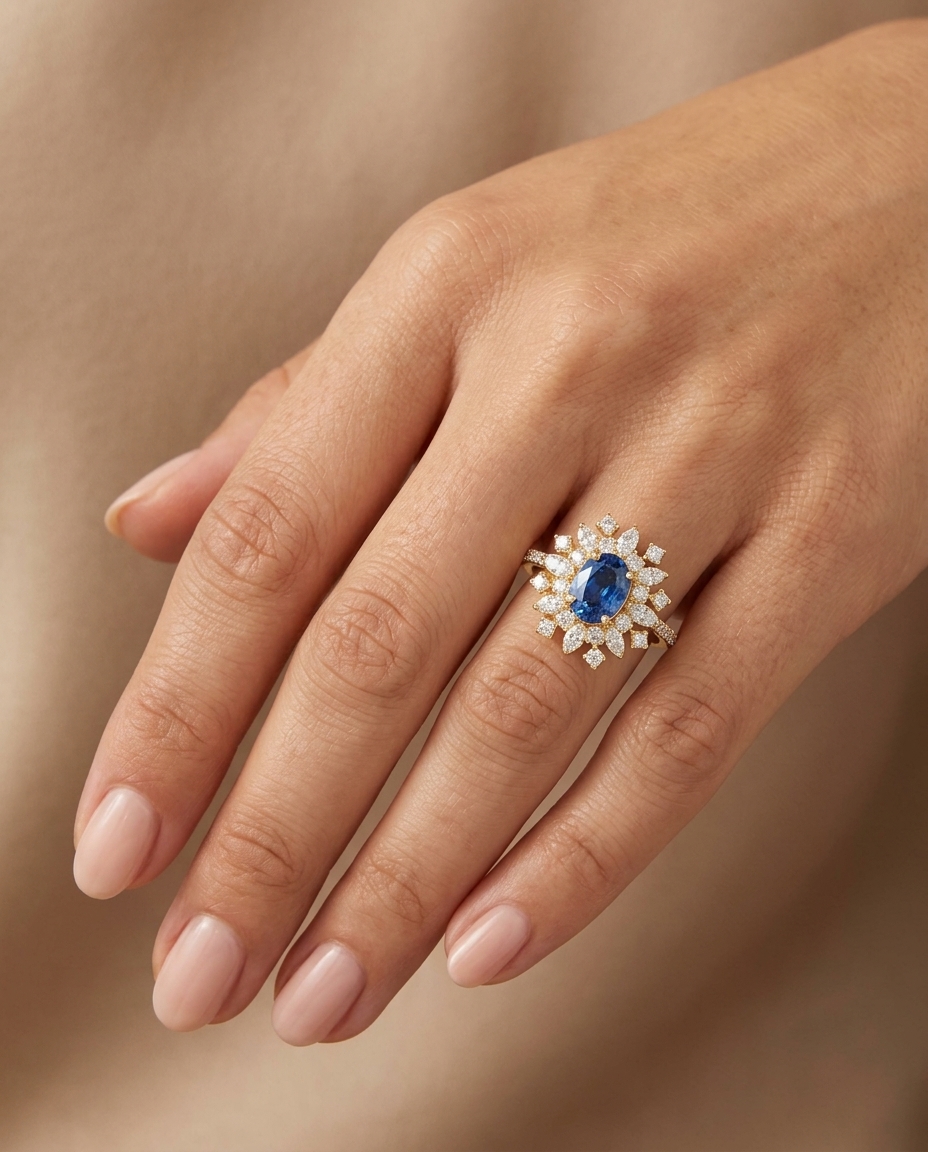 14KT Gold Blue Sapphire and Diamonds Ring on model