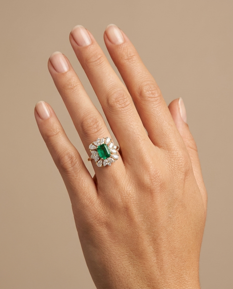 14KT Yellow Gold Emerald and Diamonds Ring on model