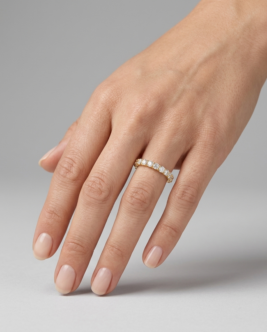 14KT Yellow Gold Eternity Diamond Ring Band on model