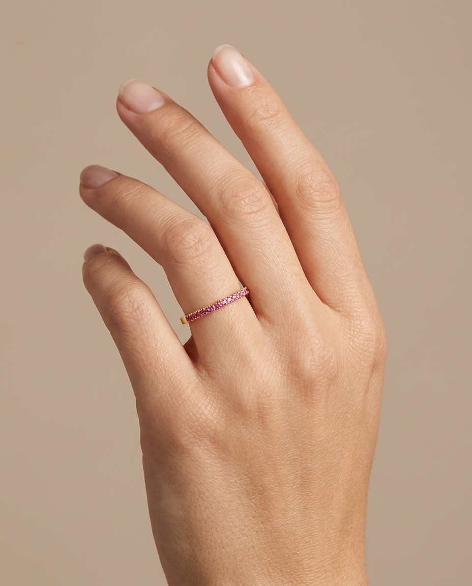14KT Gold Pink Sapphire Ring Half Band on model