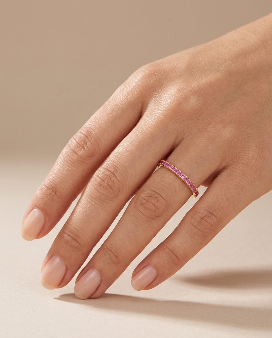 14KT Gold Pink Sapphire Ring Half Band on model