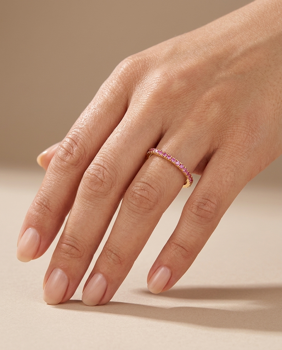 14KT Gold Pink Sapphire Ring Half Band on model