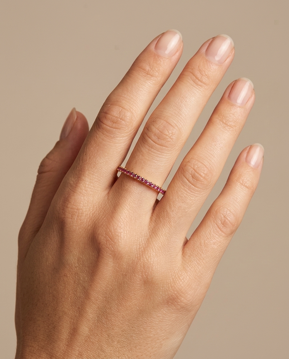 14KT Gold Pink Sapphire Ring Half Band on model