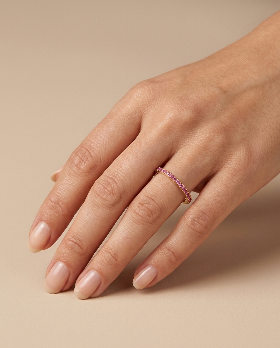 14KT Gold Pink Sapphire Ring Half Band on model