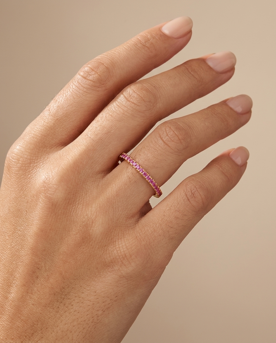 14KT Gold Pink Sapphire Ring Half Band on model