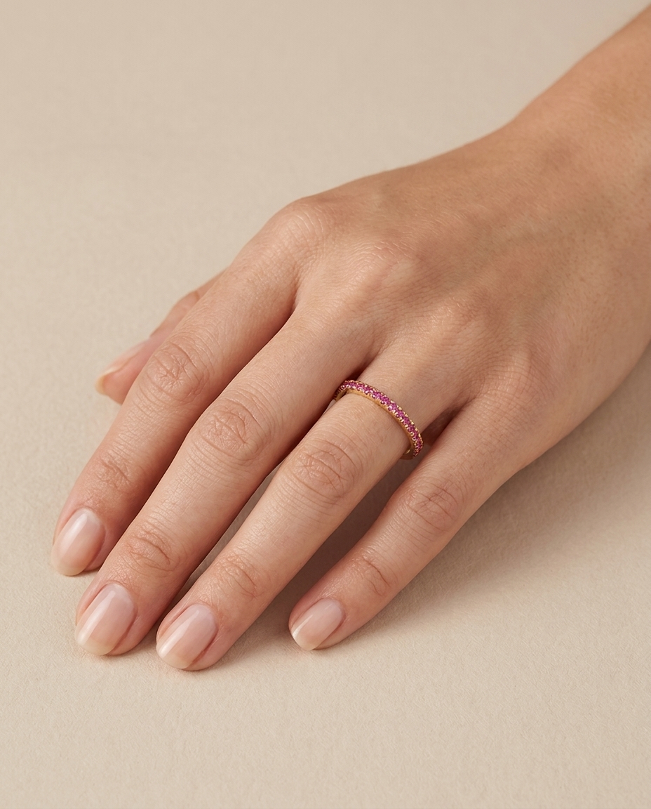 14KT Gold Pink Sapphire Ring Half Band on model