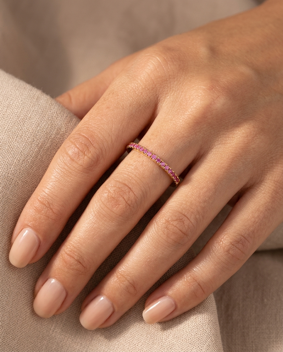 14KT Gold Pink Sapphire Ring Half Band on model