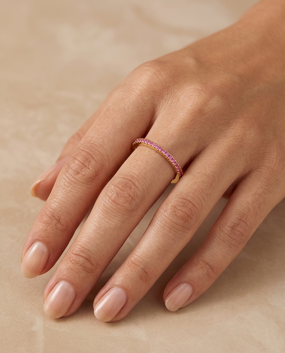 14KT Gold Pink Sapphire Ring Half Band on model
