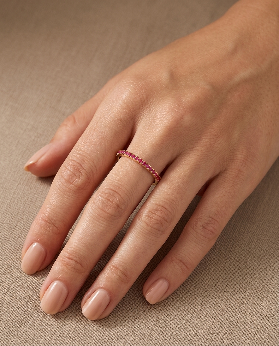 14KT Gold Pink Sapphire Ring Half Band on model
