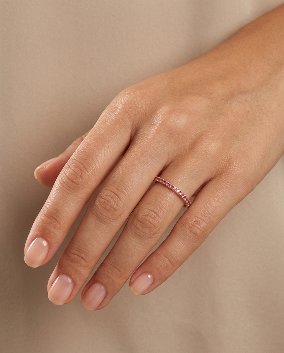 14KT Gold Pink Sapphire Ring Half Band on model