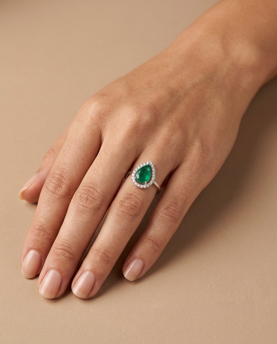 14KT White Gold Emerald and Diamonds Ring on model
