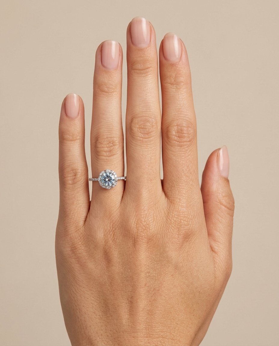 14KT White Gold Aquamarine and Diamonds Ring on model