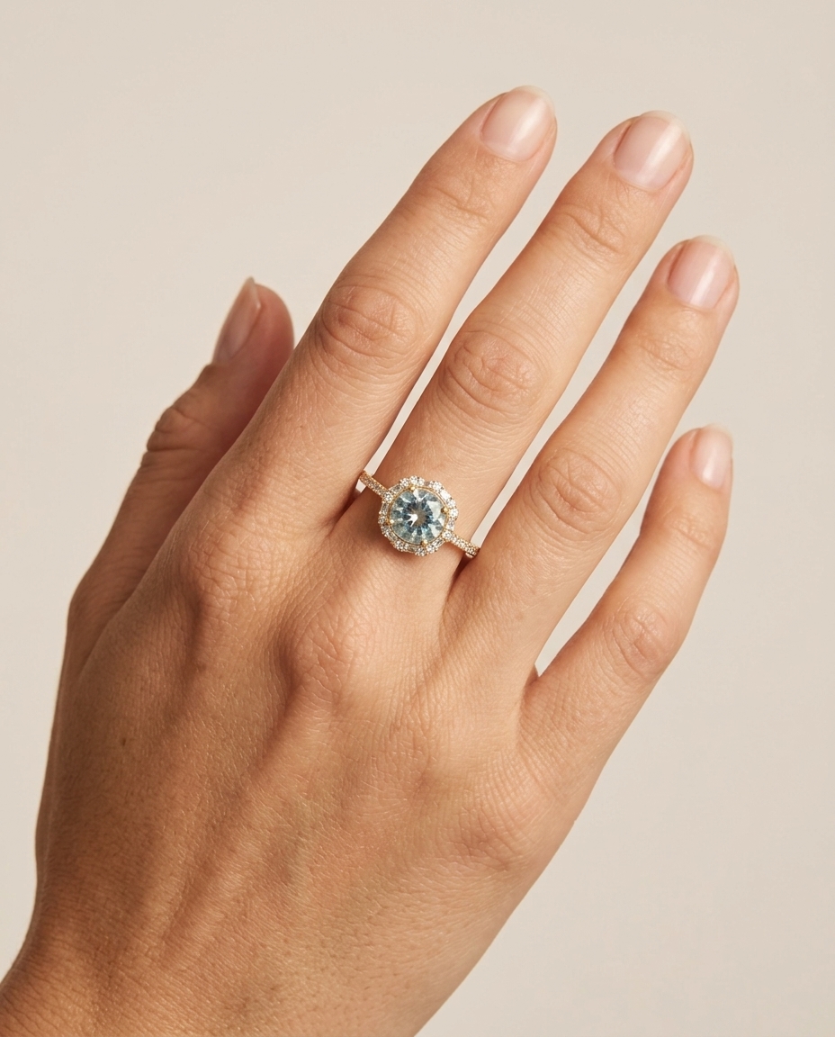 14KT Yellow Gold Aquamarine and Diamonds Ring on model