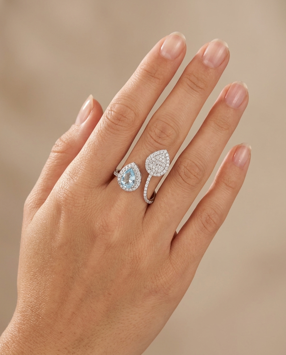 14KT White Gold Aquamarine and Diamonds Ring on model