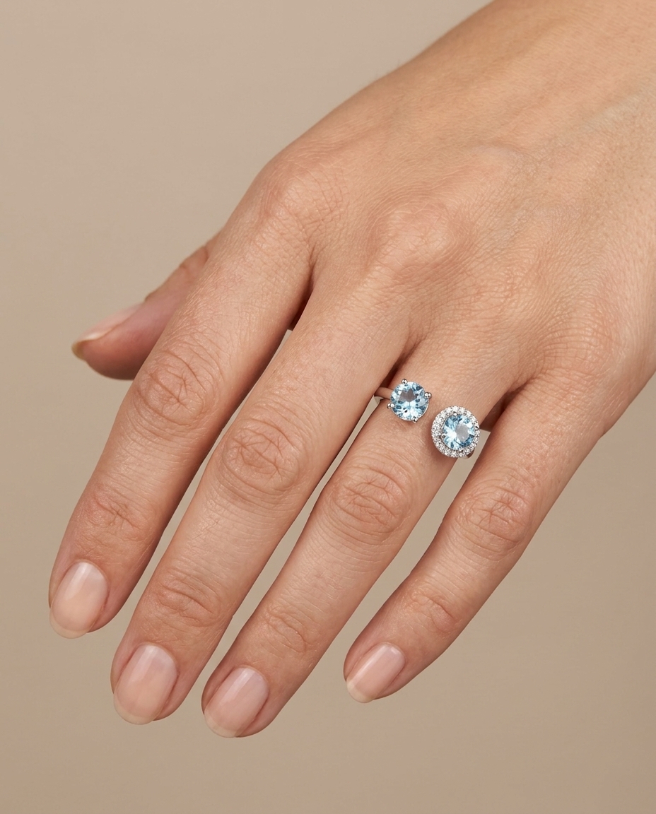 14KT White Gold Aquamarine and Diamonds Ring on model