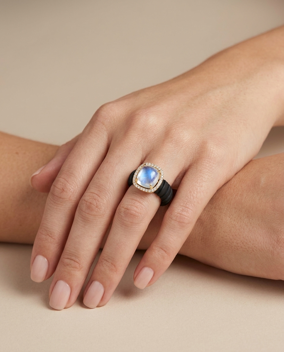 14KT Yellow Gold Rainbow Moonstone and Diamonds Ring on model