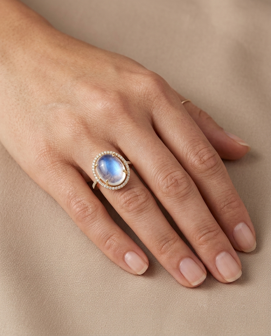 14KT Yellow Gold Rainbow Moonstone and Diamonds Ring on model