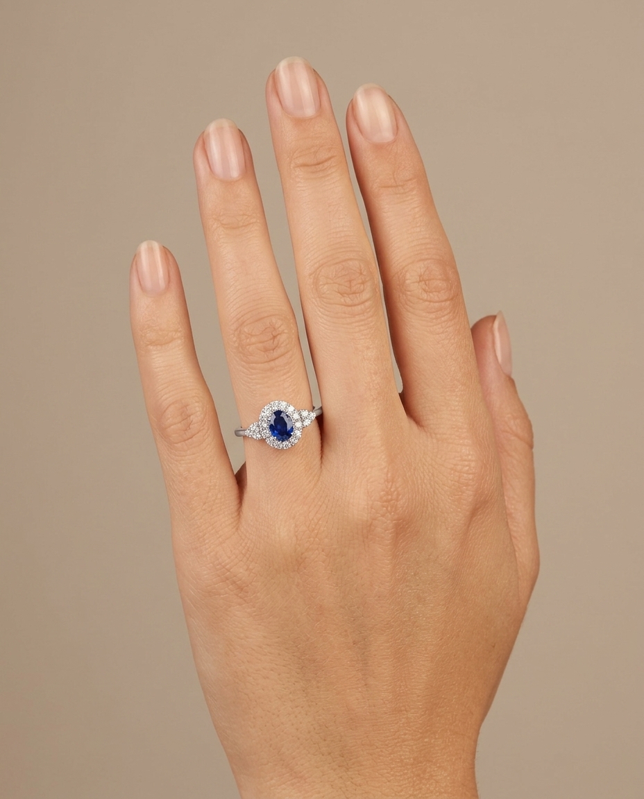 14KT White Gold Sapphire and Diamonds Ring on model