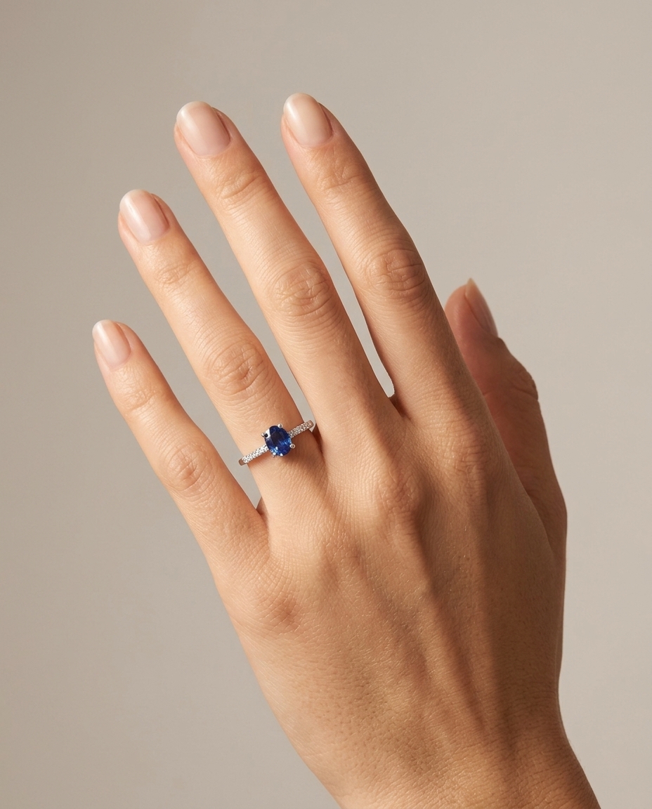 14KT White Gold Sapphire and Diamonds Ring on model