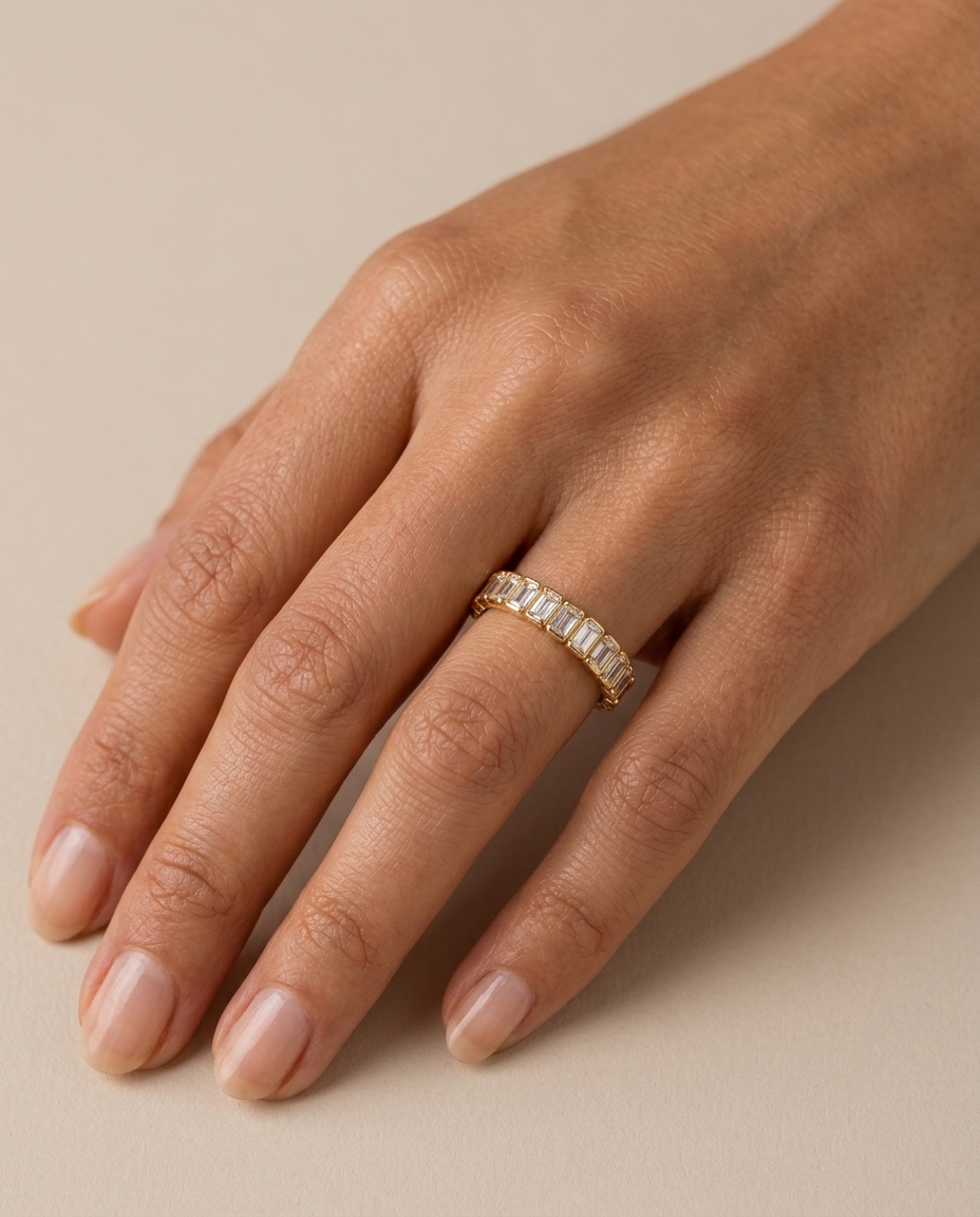 14KT Gold Emerald Cut Diamond Ring on model