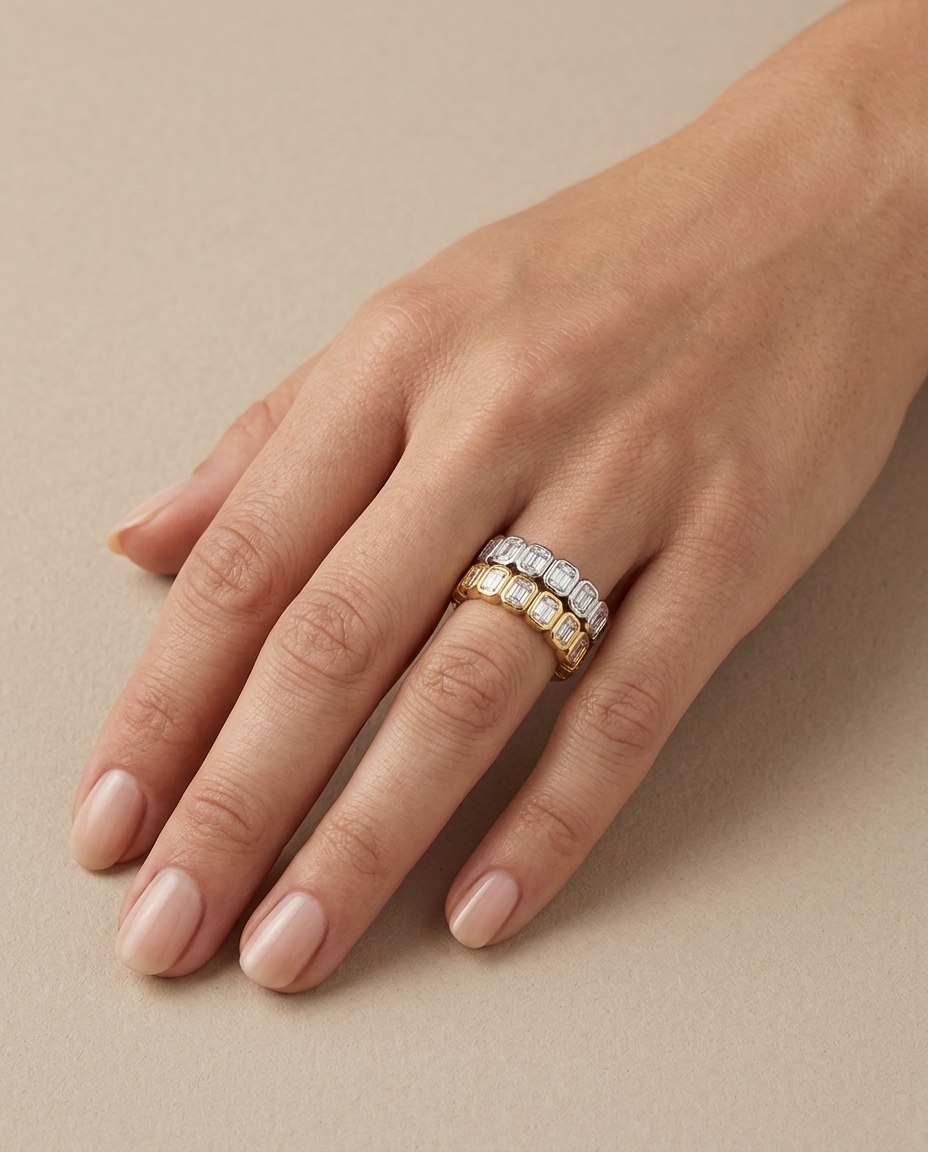 14KT Yellow Gold Emerald Cut Diamond Ring on model