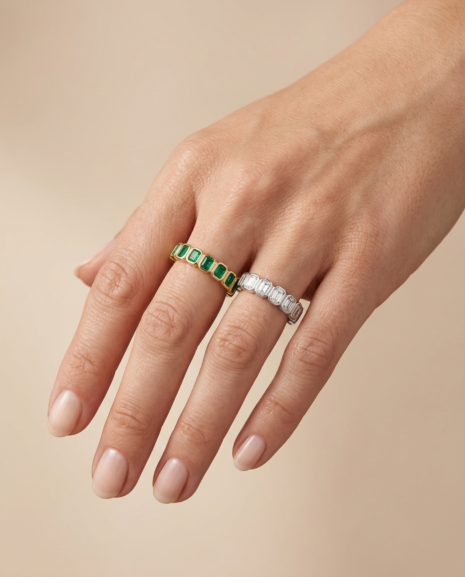 14KT Yellow Gold Emerald Cut Diamond Ring on model