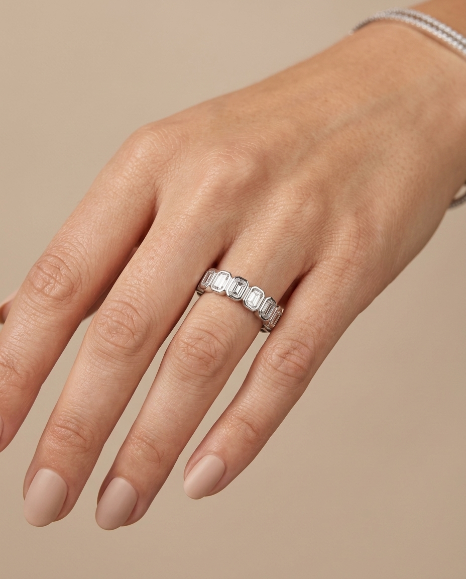 14KT White Gold Emerald Cut Diamond Ring on model