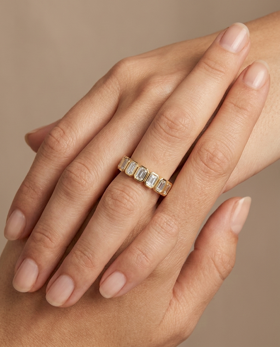 14KT Yellow Gold Emerald Cut Diamond Ring on model