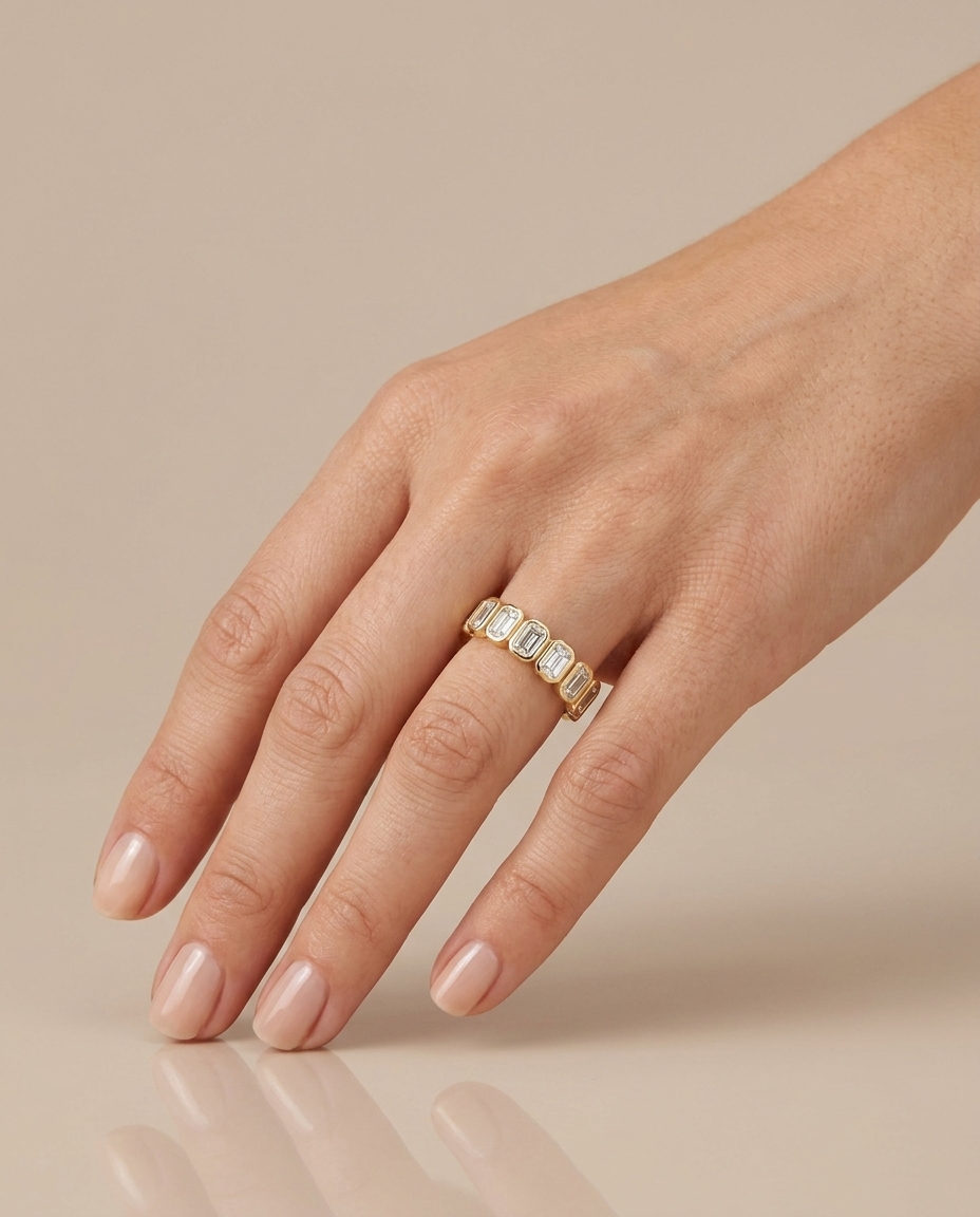 14KT Yellow Gold Emerald Cut Diamond Ring on model