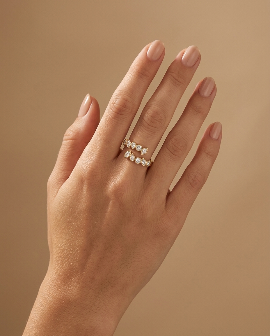 14KT Yellow Gold Bezeled Diamond Wrap Around Ring on model