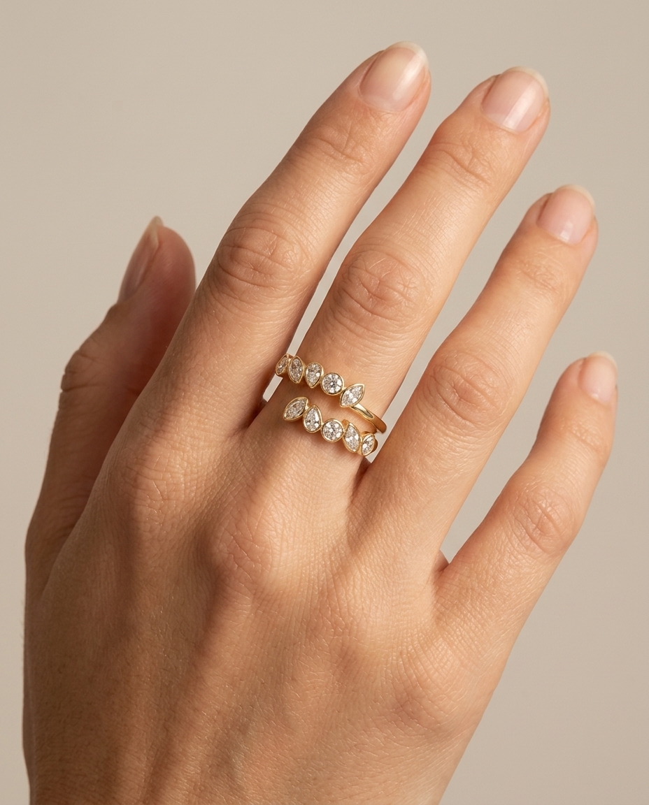 14KT Yellow Gold Bezeled Diamond Wrap Around Ring on model