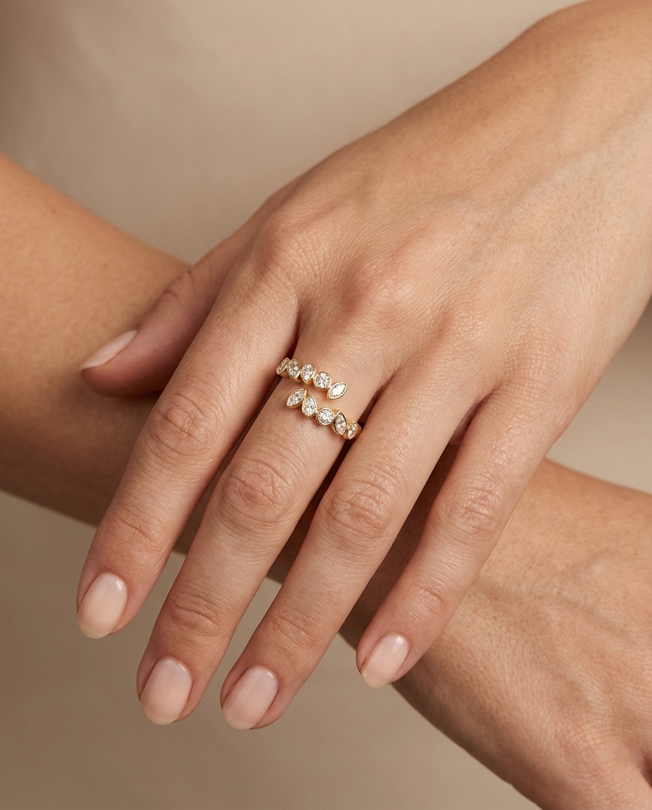 14KT Yellow Gold Bezeled Diamond Wrap Around Ring on model