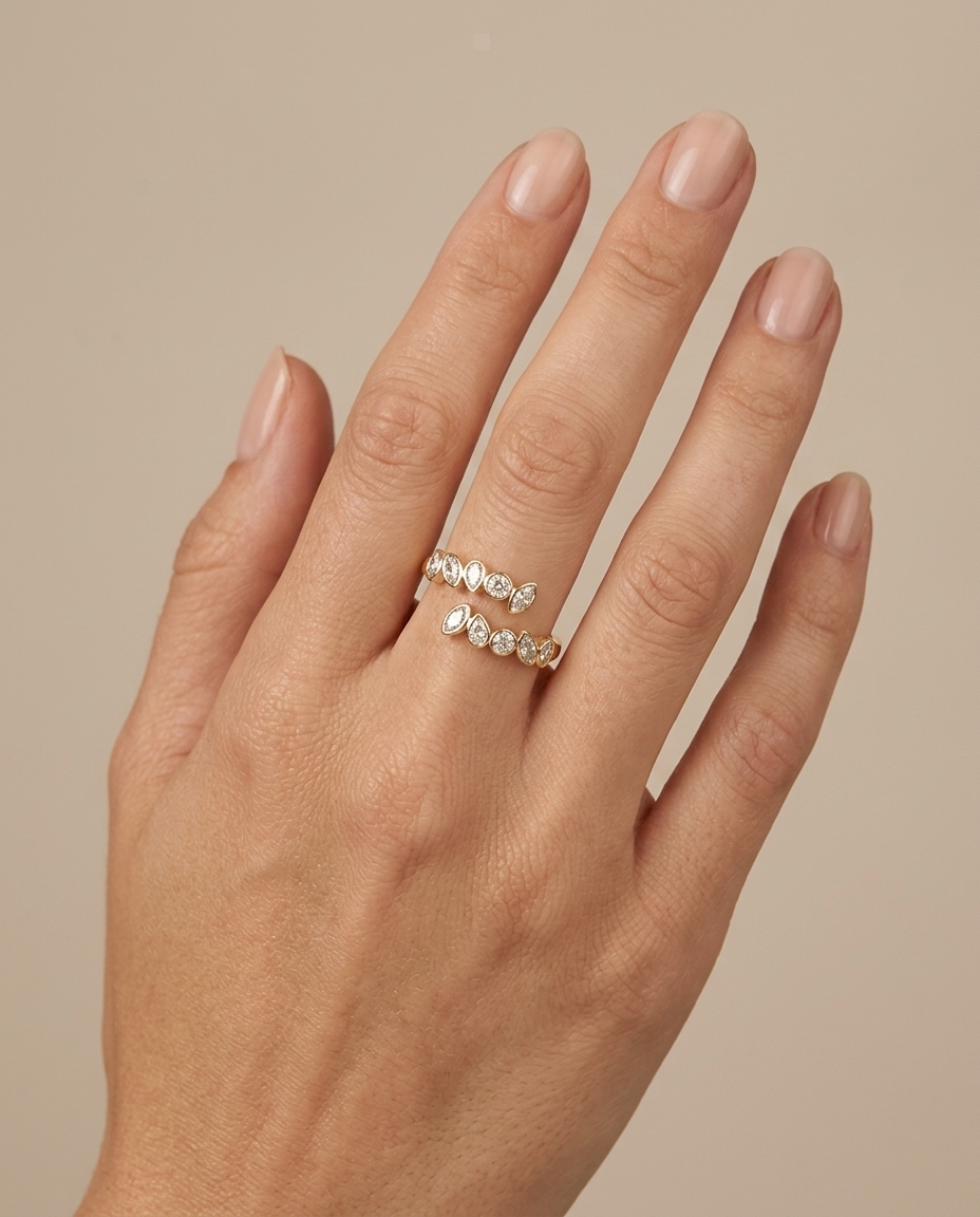 14KT Yellow Gold Bezeled Diamond Wrap Around Ring on model