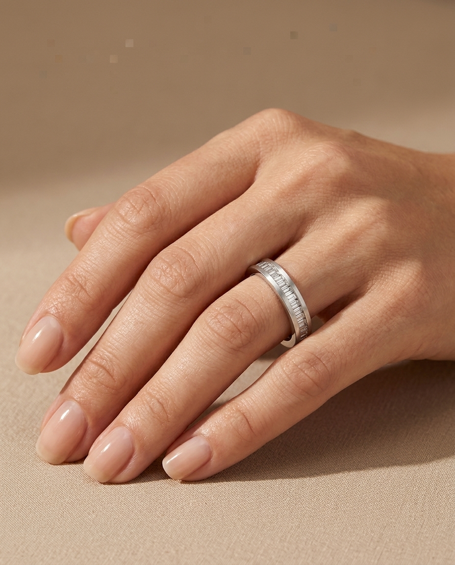 14KT White Gold Double Bugget Diamond Ring on model