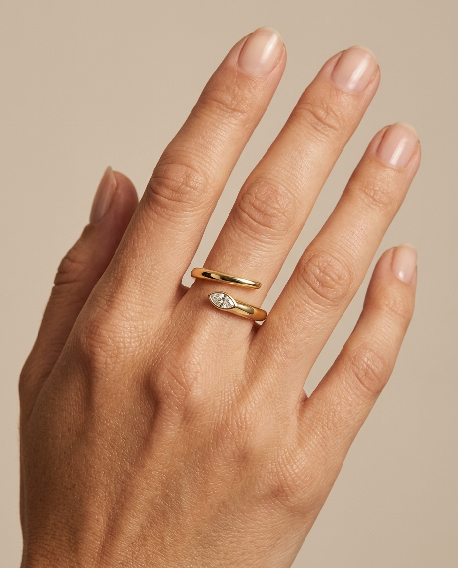 14KT Gold Wrap Around Ring with Single Diamond on model