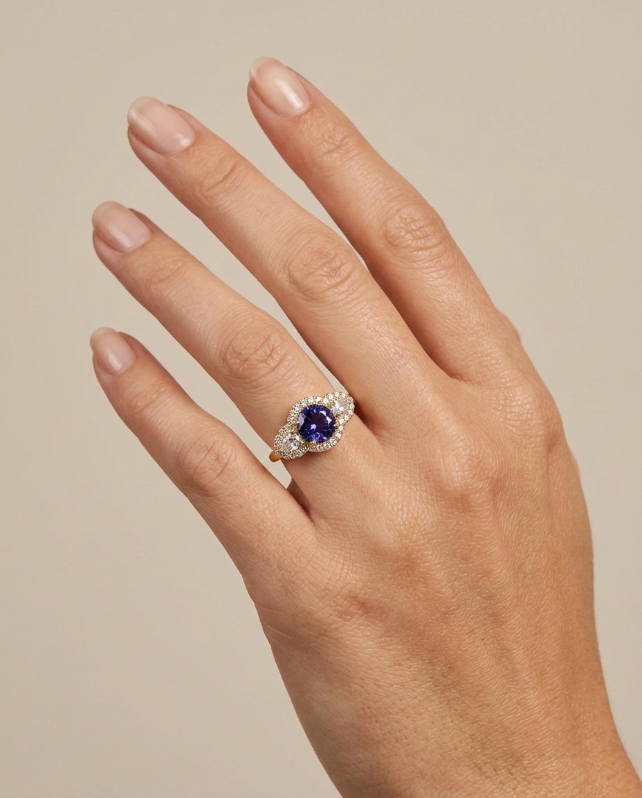 14KT Yellow Gold Tanzanite and Diamonds Ring on model