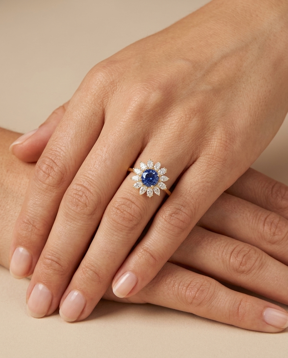 14KT Gold Tanzanite and Diamonds Ring on model
