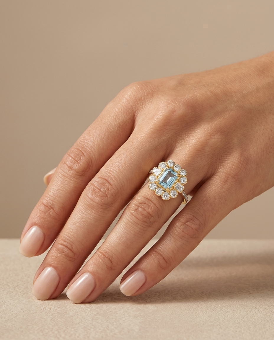 14KT Gold Aquamarine and Diamonds Ring on model